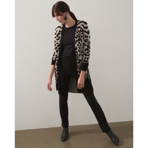 Chico's Sweaters - Chico's Long Animal Print Open Front Duster Cardigan Black Beige Large Rayon